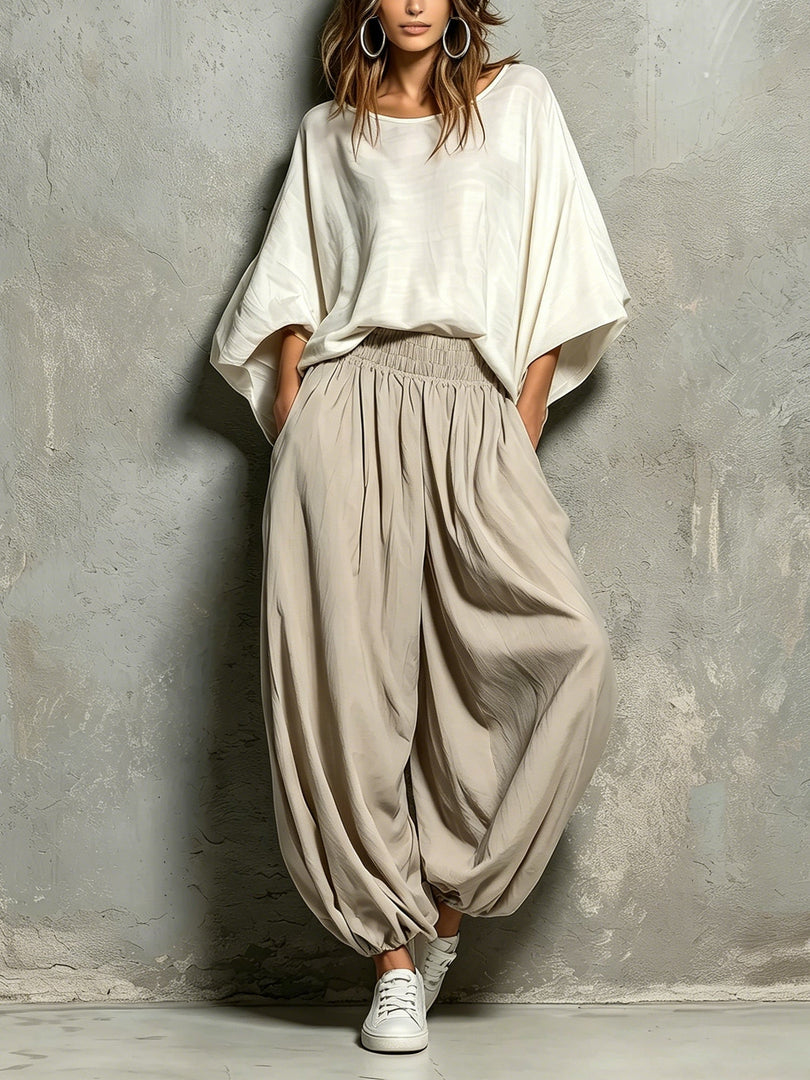 Women's Taupe Wide Leg Harem Pants High Waist Drawstring Flowing Style