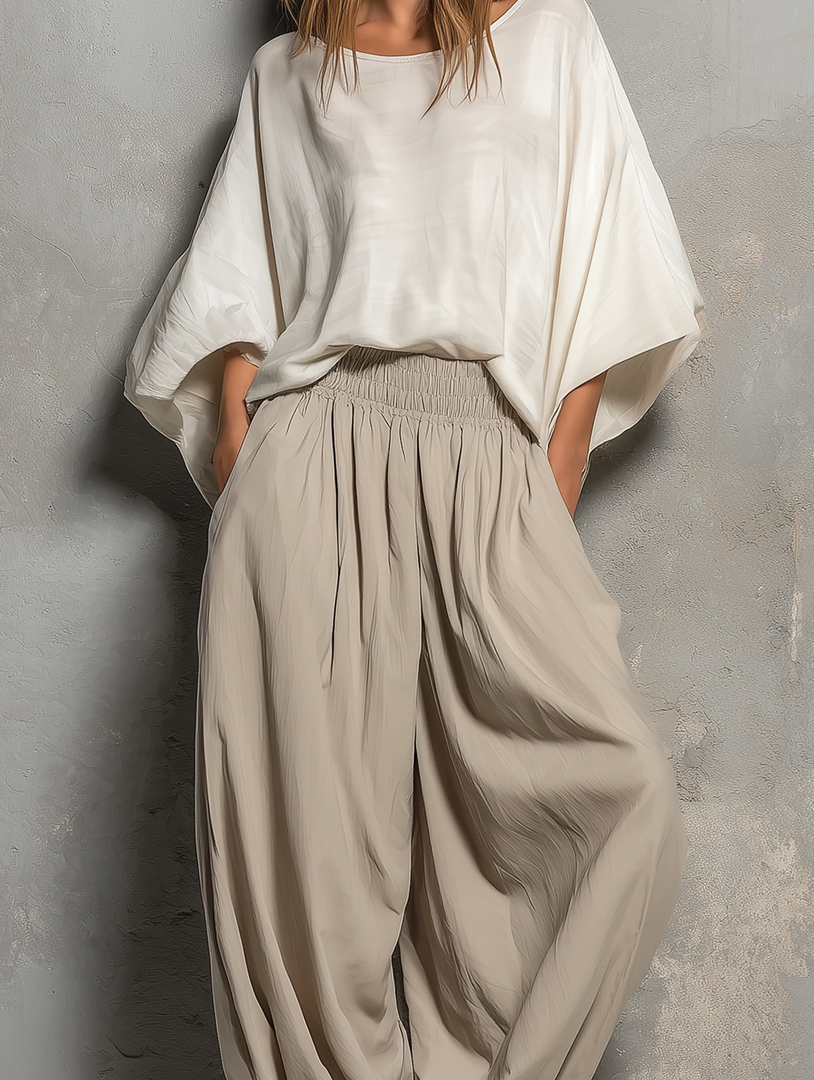 Women's Taupe Wide Leg Harem Pants High Waist Drawstring Flowing Style
