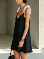 Load image into Gallery viewer, Women's Black Slip Mini Dress V-Neck Fringe Frayed Hem
