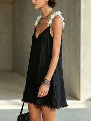 Women's Black Slip Mini Dress V-Neck Fringe Frayed Hem