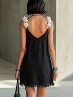 Load image into Gallery viewer, Women's Black Slip Mini Dress V-Neck Fringe Frayed Hem
