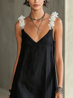 Load image into Gallery viewer, Women's Black Slip Mini Dress V-Neck Fringe Frayed Hem

