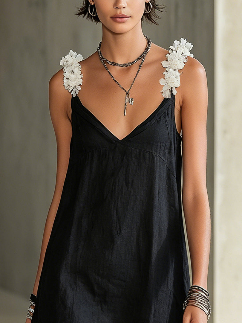 Women's Black Slip Mini Dress V-Neck Fringe Frayed Hem