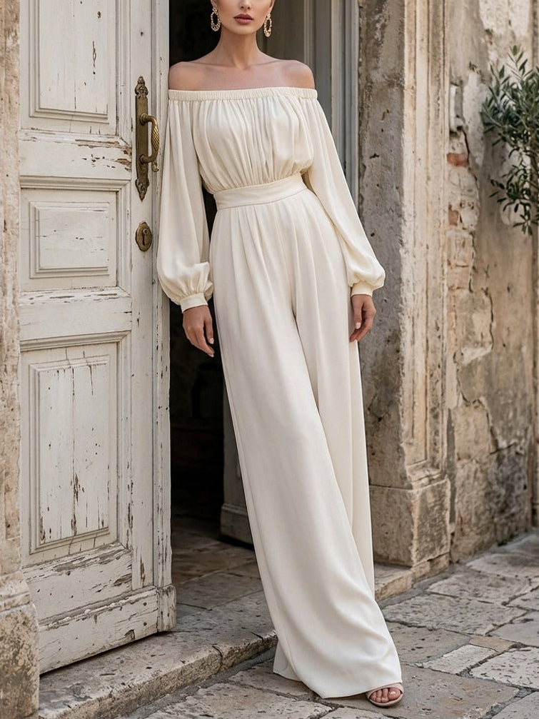 Women's White Off Shoulder Maxi Dress Bishop Sleeve Flowing Style