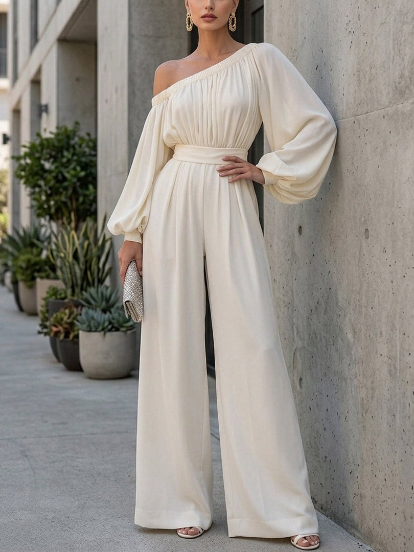 Women's White Off Shoulder Maxi Dress Bishop Sleeve Flowing Style