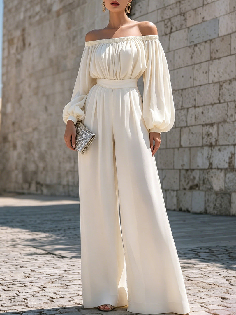 Women's White Off Shoulder Maxi Dress Bishop Sleeve Flowing Style