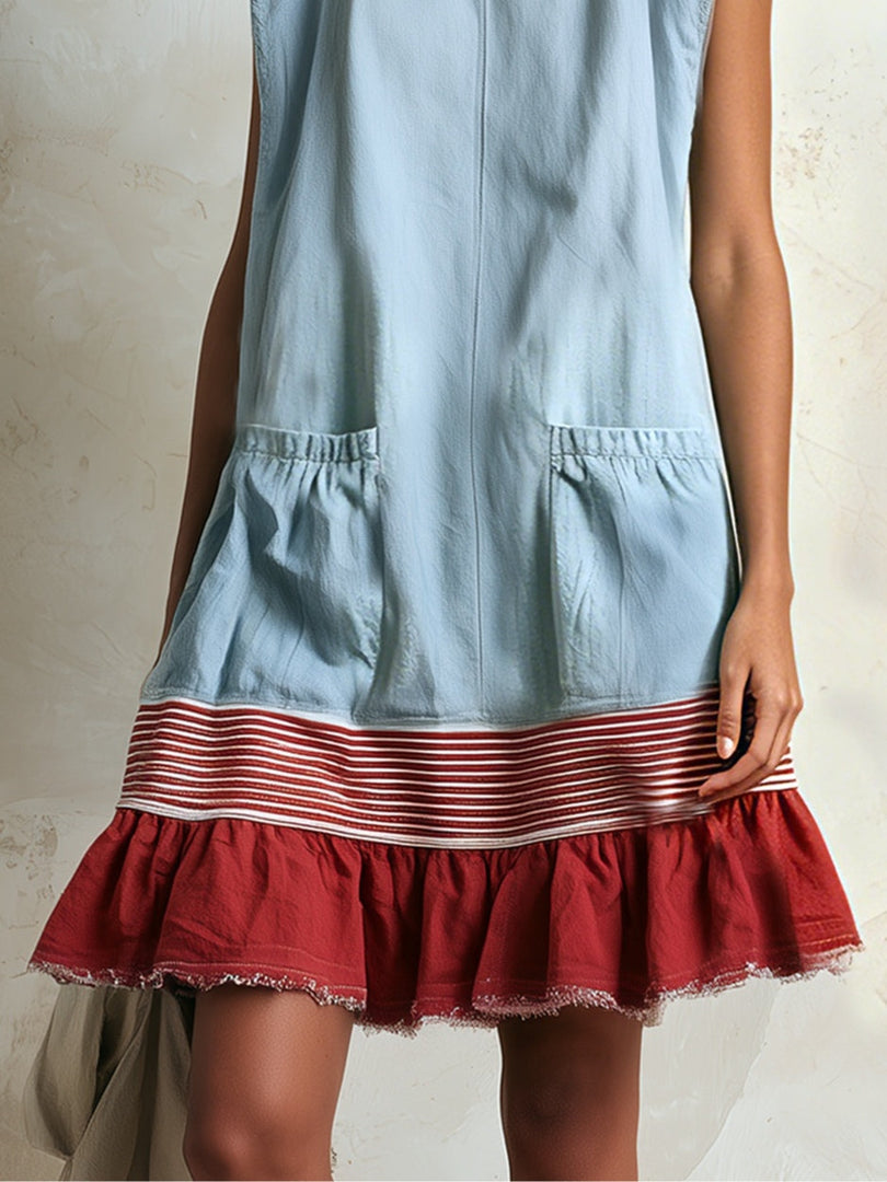 Women's Blue Denim Mini Dress Ruffle Tiered Contrast Hem