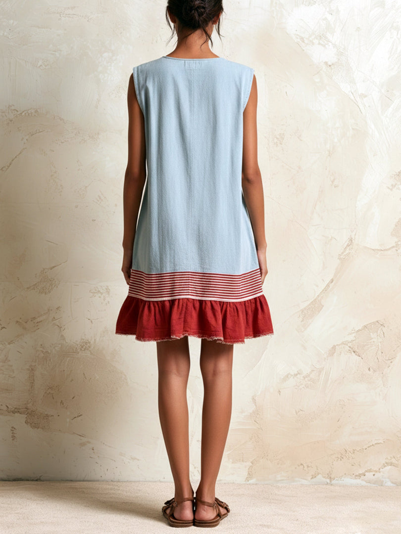 Women's Blue Denim Mini Dress Ruffle Tiered Contrast Hem