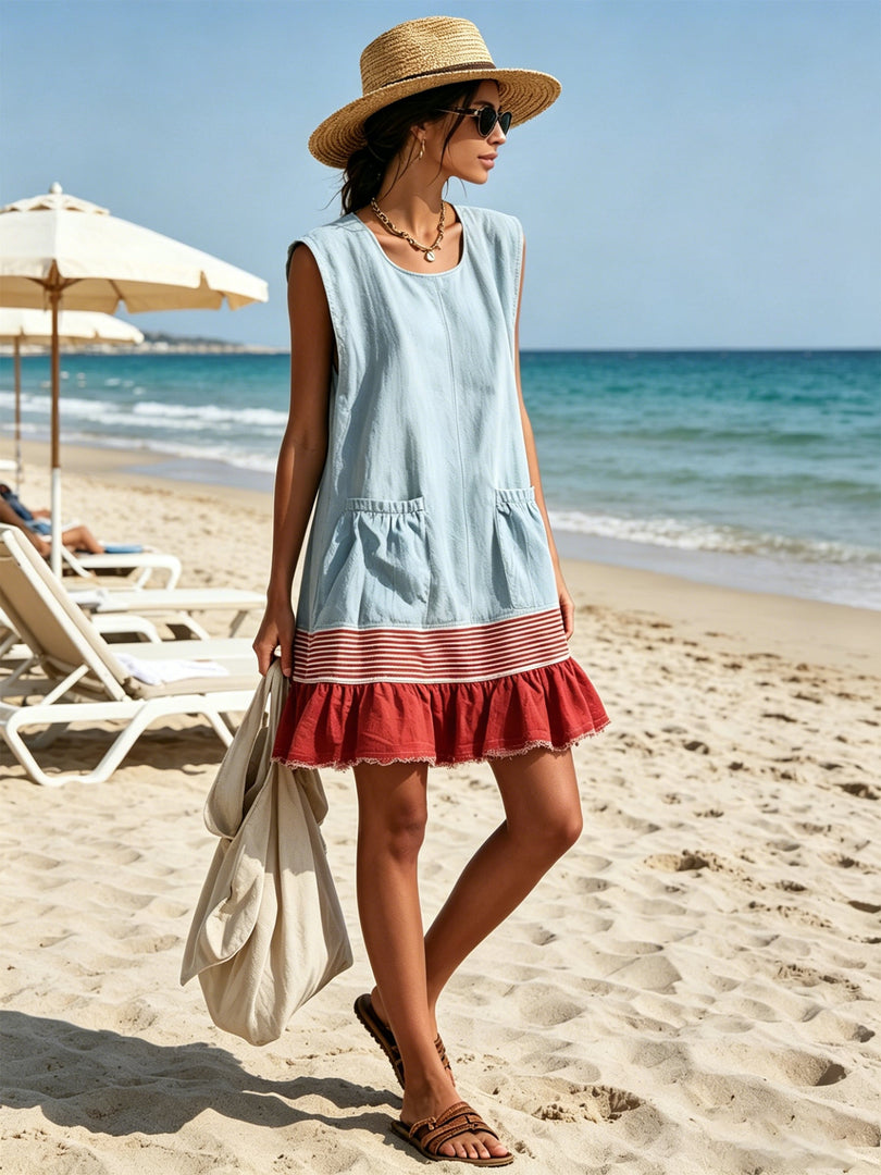 Women's Blue Denim Mini Dress Ruffle Tiered Contrast Hem