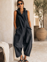 Load image into Gallery viewer, Women's Black Linen Jumpsuit Collar Sleeveless Wide Leg Style
