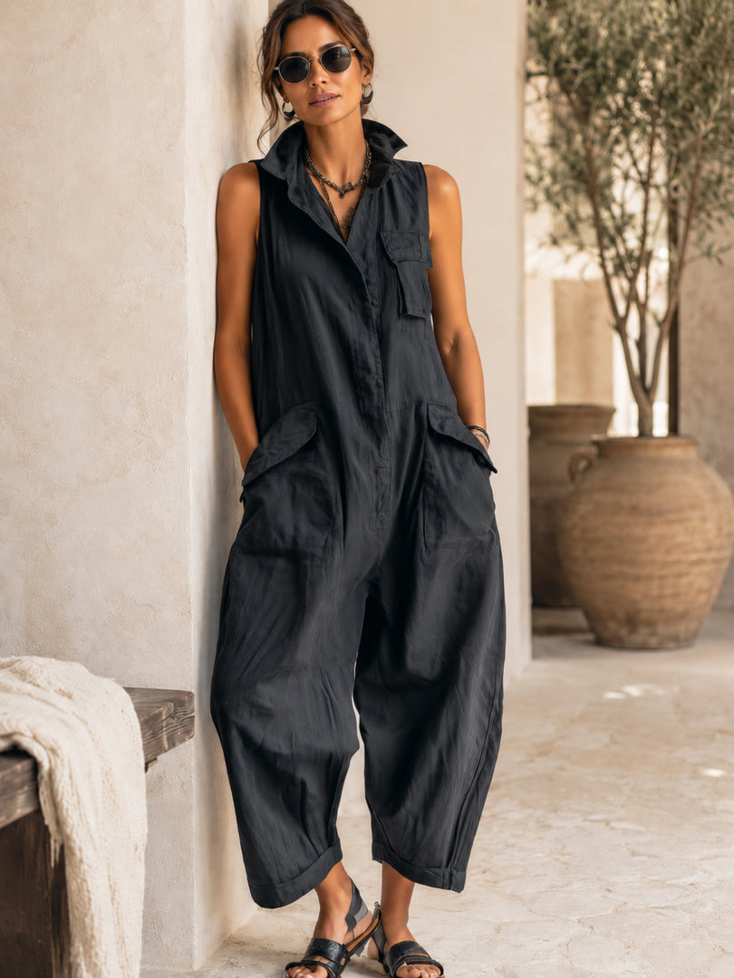 Women's Black Linen Jumpsuit Collar Sleeveless Wide Leg Style
