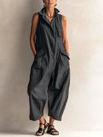 Load image into Gallery viewer, Women's Black Linen Jumpsuit Collar Sleeveless Wide Leg Style
