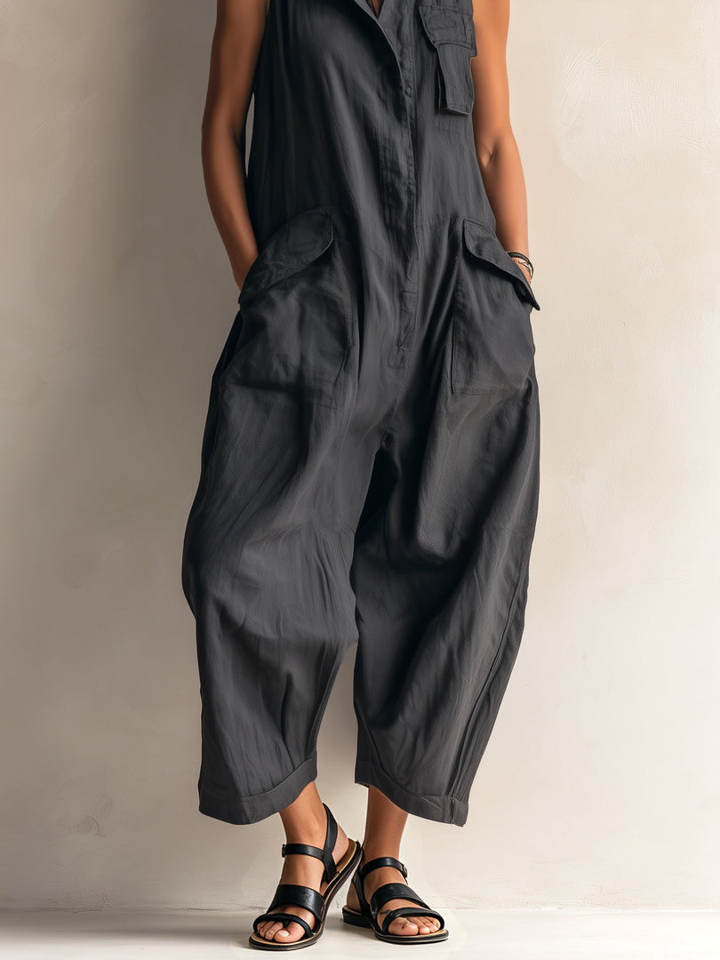 Women's Black Linen Jumpsuit Collar Sleeveless Wide Leg Style