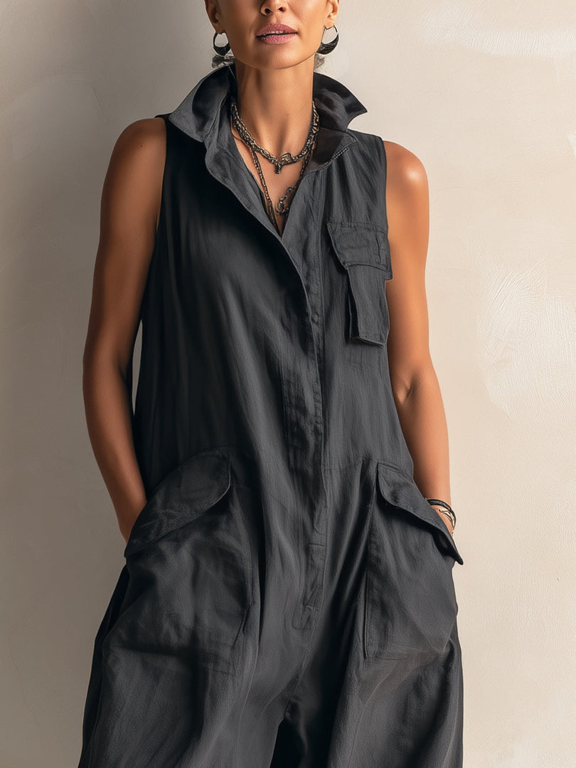 Women's Black Linen Jumpsuit Collar Sleeveless Wide Leg Style