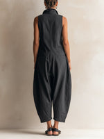 Load image into Gallery viewer, Women's Black Linen Jumpsuit Collar Sleeveless Wide Leg Style
