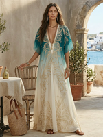 Load image into Gallery viewer, Women's Blue Ombre Kaftan Maxi Dress V-Neck Flowing Boho Style

