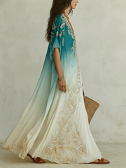 Women's Blue Ombre Kaftan Maxi Dress V-Neck Flowing Boho Style