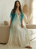 Load image into Gallery viewer, Women's Blue Ombre Kaftan Maxi Dress V-Neck Flowing Boho Style
