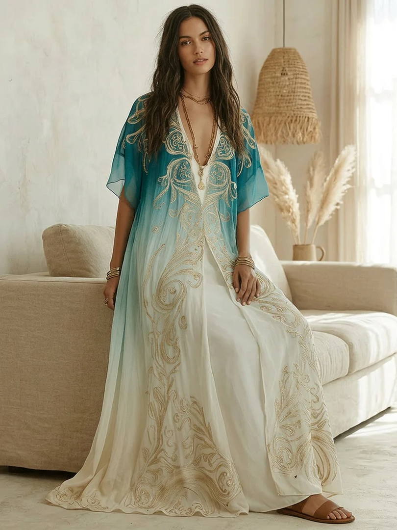 Women's Blue Ombre Kaftan Maxi Dress V-Neck Flowing Boho Style