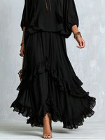 Load image into Gallery viewer, Women's Black Boho Maxi Skirt Set Tassel Drawstring V-Neck and Ruffled Tiered Skirt
