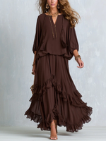 Load image into Gallery viewer, Women's Brown Wrap Maxi Dress V-Neck Tiered Ruffle Hem
