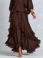 Load image into Gallery viewer, Women's Brown Wrap Maxi Dress V-Neck Tiered Ruffle Hem
