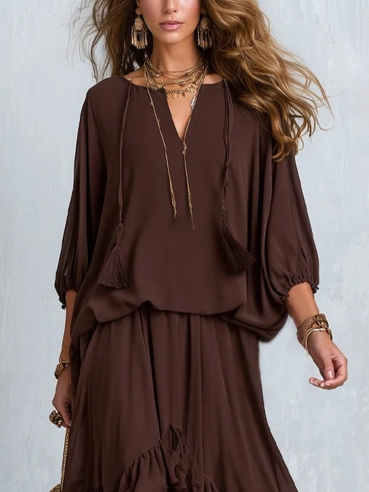 Women's Brown Wrap Maxi Dress V-Neck Tiered Ruffle Hem