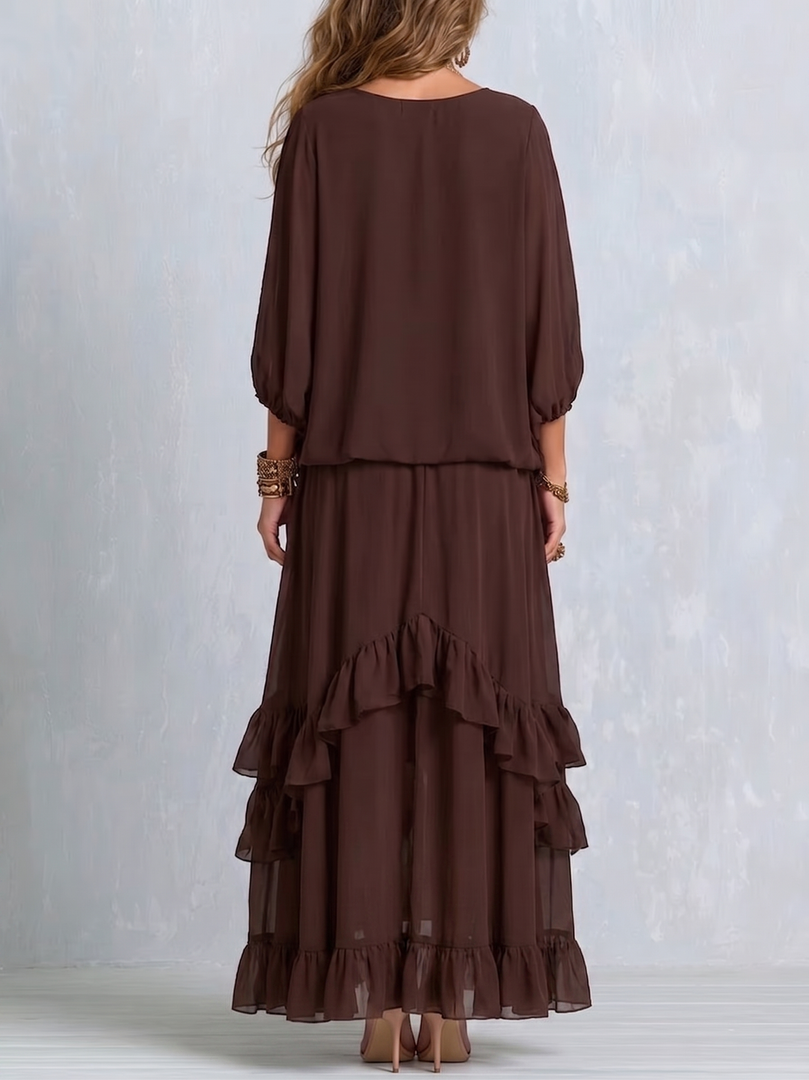 Women's Brown Wrap Maxi Dress V-Neck Tiered Ruffle Hem