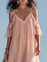 Load image into Gallery viewer, Women's Pink Cold Shoulder Maxi Dress V-Neck Flowing Tiered Style

