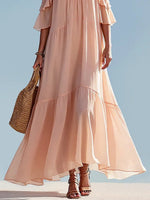 Load image into Gallery viewer, Women's Pink Cold Shoulder Maxi Dress V-Neck Flowing Tiered Style
