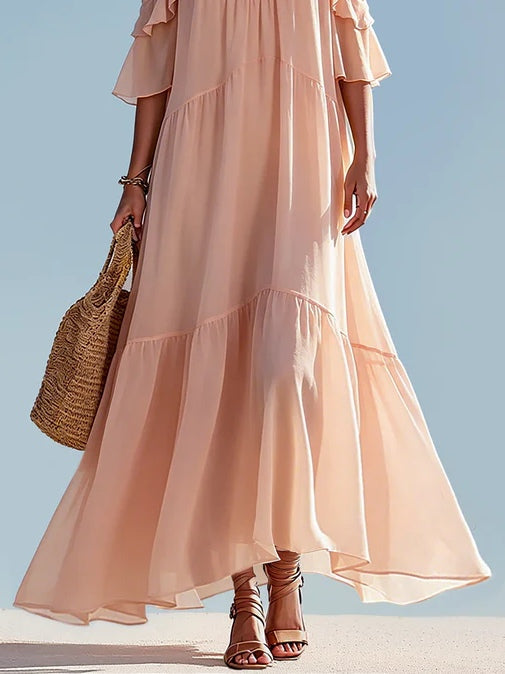 Women's Pink Cold Shoulder Maxi Dress V-Neck Flowing Tiered Style