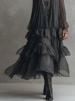 Load image into Gallery viewer, Women's Black Sheer Tiered Maxi Dress V-Neck Flowing Ruffle Style

