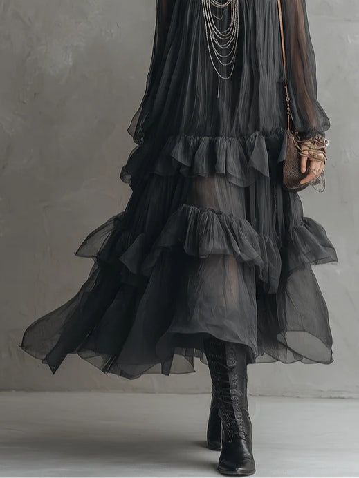 Women's Black Sheer Tiered Maxi Dress V-Neck Flowing Ruffle Style