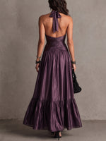 Load image into Gallery viewer, Women's Purple Satin Maxi Dress Halter V-Neck Formal Wedding Guest Style

