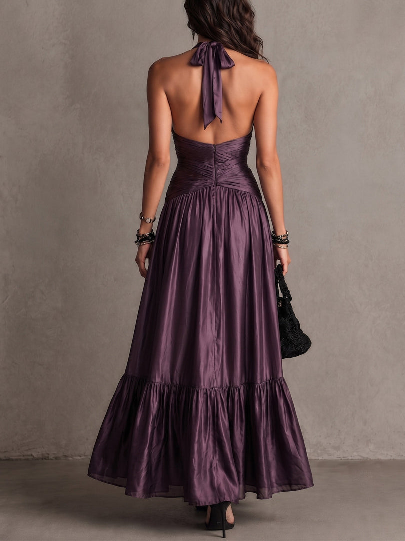 Women's Purple Satin Maxi Dress Halter V-Neck Formal Wedding Guest Style