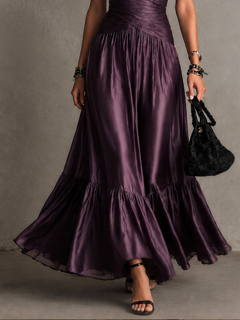 Women's Purple Satin Maxi Dress Halter V-Neck Formal Wedding Guest Style