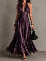 Load image into Gallery viewer, Women's Purple Satin Maxi Dress Halter V-Neck Formal Wedding Guest Style
