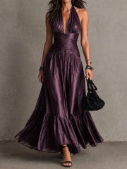 Women's Purple Satin Maxi Dress Halter V-Neck Formal Wedding Guest Style