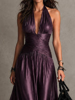 Load image into Gallery viewer, Women's Purple Satin Maxi Dress Halter V-Neck Formal Wedding Guest Style
