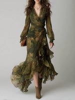 Load image into Gallery viewer, Women's Green Floral Wrap Maxi Dress V-Neck Ruffle Tiered Hem
