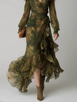 Load image into Gallery viewer, Women's Green Floral Wrap Maxi Dress V-Neck Ruffle Tiered Hem
