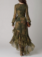 Women's Green Floral Wrap Maxi Dress V-Neck Ruffle Tiered Hem