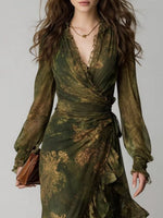 Load image into Gallery viewer, Women's Green Floral Wrap Maxi Dress V-Neck Ruffle Tiered Hem
