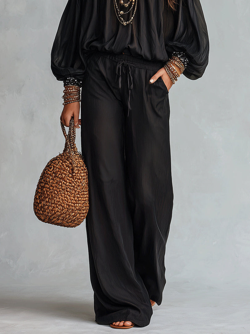 Women's Black Off the Shoulder Top and Wide Leg Pants Set Sequin Trim