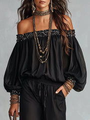 Women's Black Off the Shoulder Top and Wide Leg Pants Set Sequin Trim
