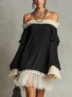 Load image into Gallery viewer, Women's Black Mini Dress Off Shoulder Lace Trim Ruffle Sleeve
