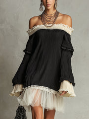 Women's Black Mini Dress Off Shoulder Lace Trim Ruffle Sleeve