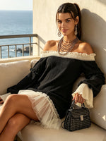 Load image into Gallery viewer, Women's Black Mini Dress Off Shoulder Lace Trim Ruffle Sleeve
