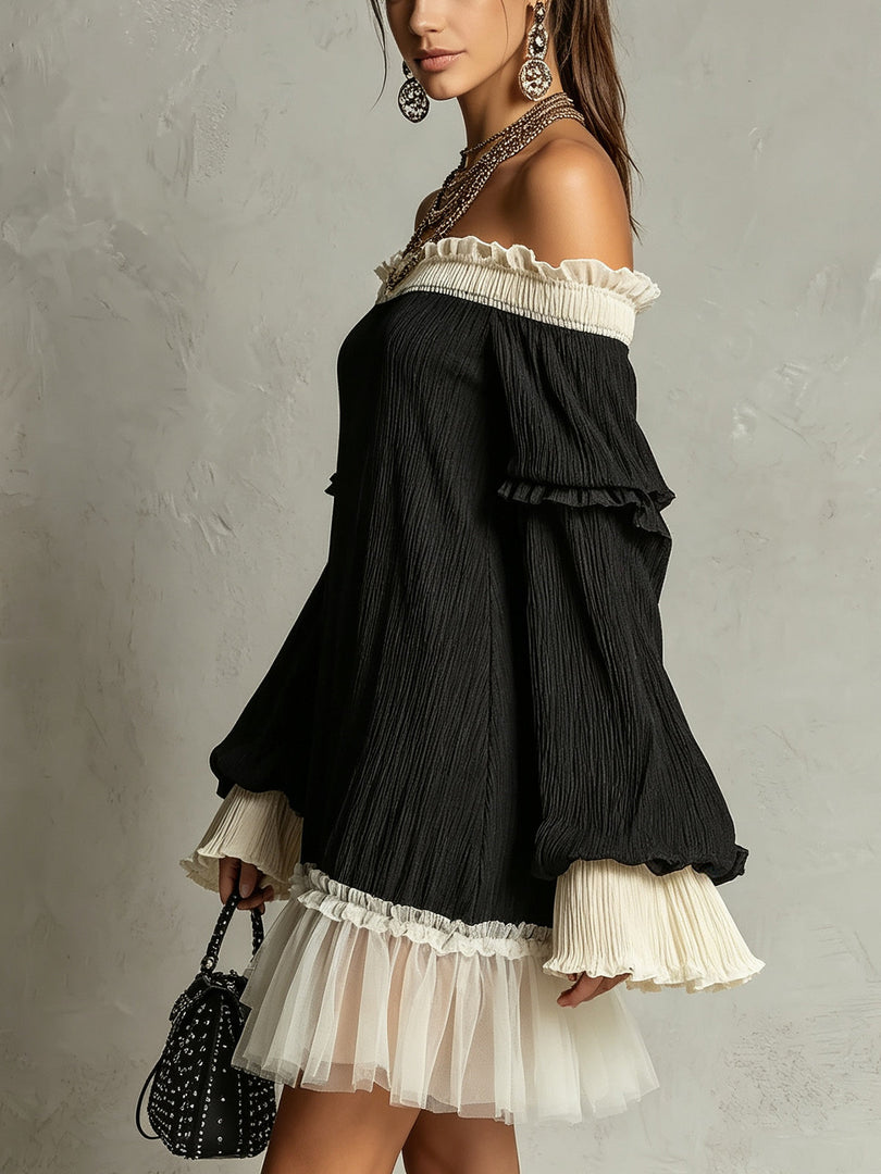 Women's Black Mini Dress Off Shoulder Lace Trim Ruffle Sleeve