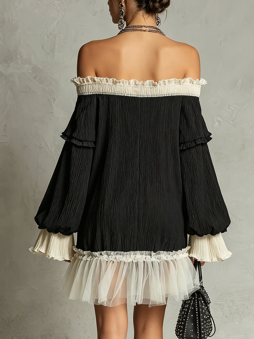 Women's Black Mini Dress Off Shoulder Lace Trim Ruffle Sleeve
